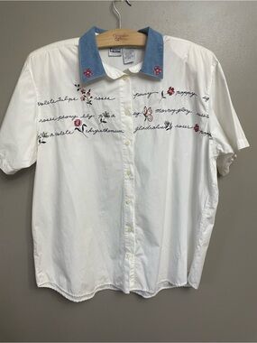 Capacity 100% Cotton Vintage denim collar Button Floral Embroidered Shirt 3XL